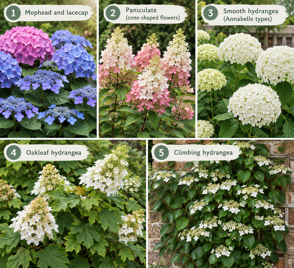 Five types of UK hydrangea: mophead, paniculata, smooth, oakleaf and climbing